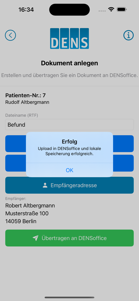 Screenshot der DENStext-App, der eine Erfolgsmeldung für den Upload eines Patientendokuments in die DENSoffice-Software zeigt
