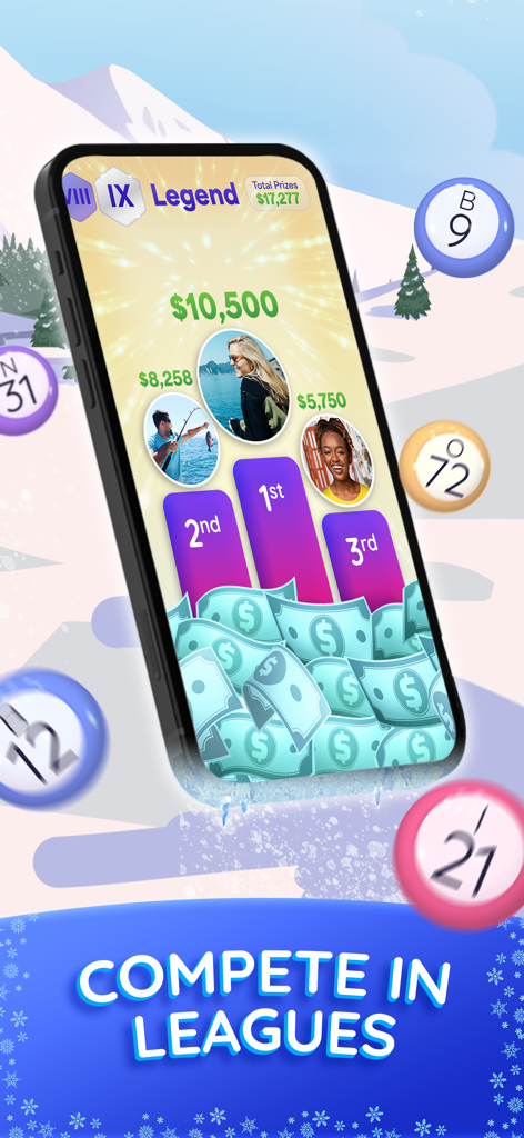 Blackout Bingo - Win Real Cash - Blackout Bingo의 모바일 게임 화면으로, 우승자와 현금 상금 금액이 표시된 리그 순위표를 보여줍니다.