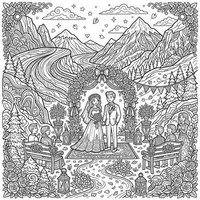 Immerse yourself in a romantic mountain wedding scene designed for advanced colorists. This intricate page features a beautiful ceremony nestled within majestic moraine landscapes, offering hours of creative relaxation.