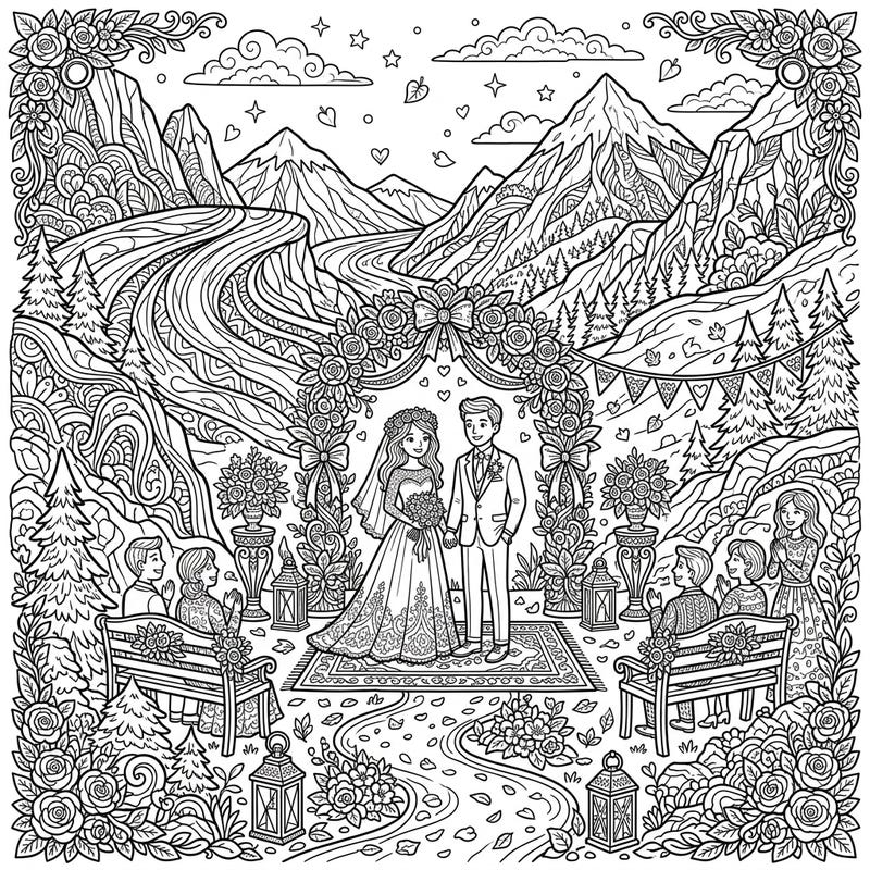 Immerse yourself in a romantic mountain wedding scene designed for advanced colorists. This intricate page features a beautiful ceremony nestled within majestic moraine landscapes, offering hours of creative relaxation.