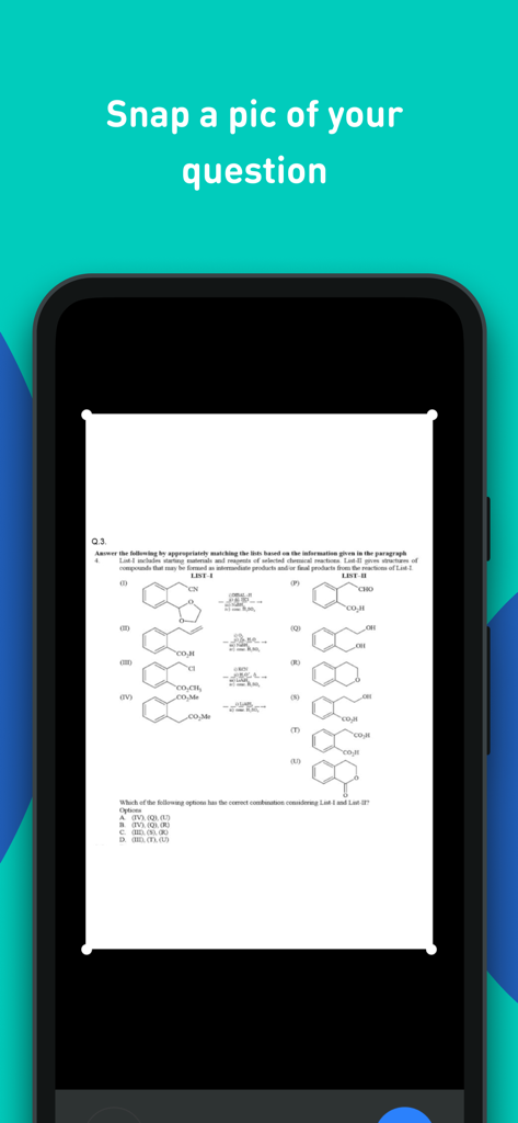 Screenshot of the Kunduz app showing a smartphone camera capturing a complex organic chemistry question with the headline Snap a pic of your question.