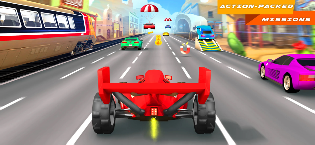 Mini Car Racing Game Offline - A red mini race car driving on a highway next to a high speed train with coins and power ups