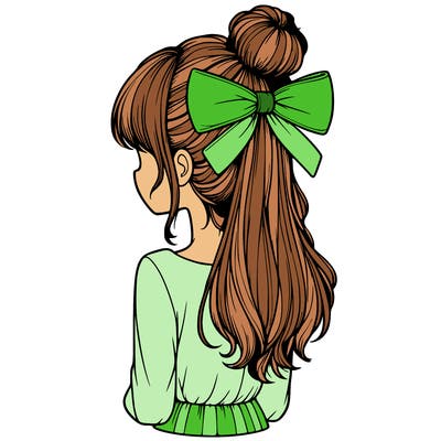 realistic girl  with hip length hair a bun and a big bow on the back of head