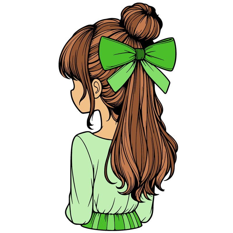realistic girl  with hip length hair a bun and a big bow on the back of head