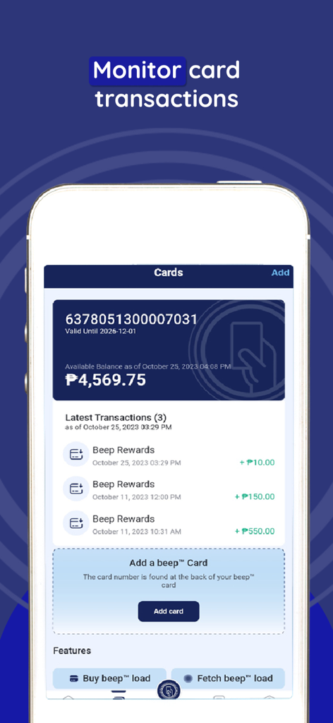 Smartphone screen showing the beep app interface with card balance and transaction history.