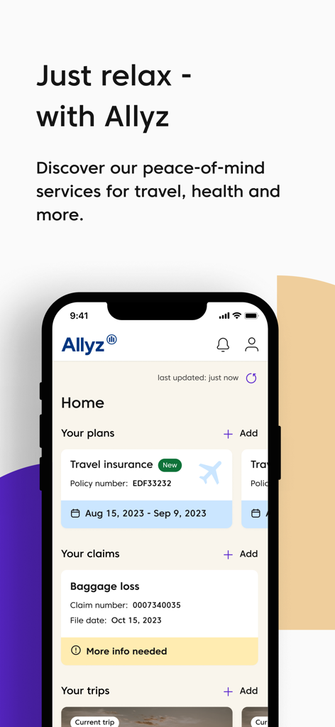 Allyz app home screen showing travel insurance policy and baggage loss claim status