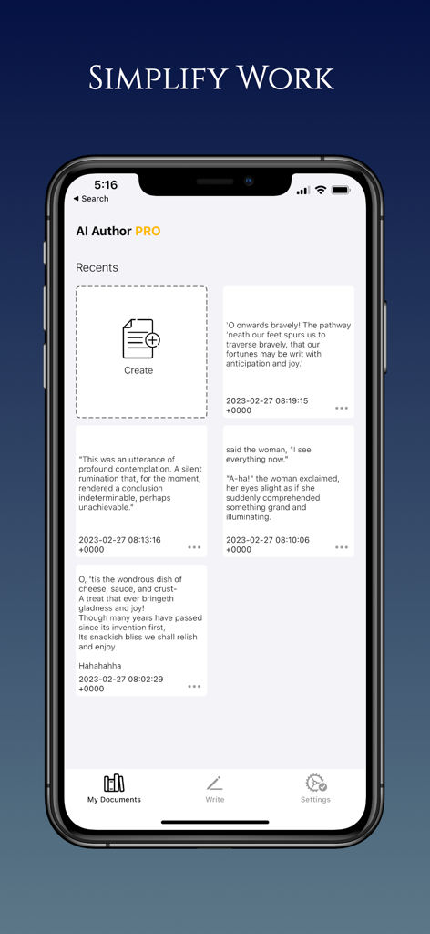 AI Author : Write like Writers - Interface do aplicativo AI Author PRO em um iPhone mostrando um painel de documentos criados recentemente e trechos de texto gerados por IA.