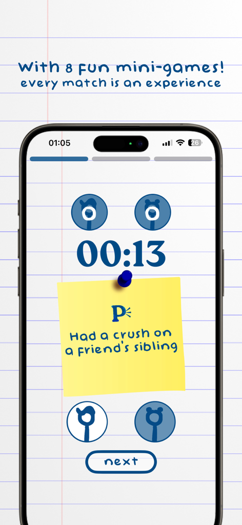 Uma captura de tela do aplicativo Potoca mostrando um prompt de quebra-gelo "Eu Nunca" em um post-it