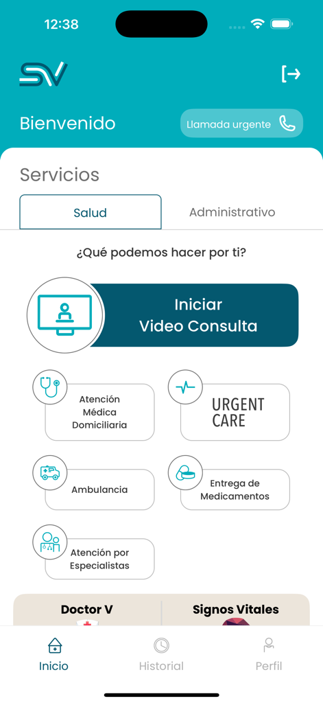 Seguros Venezuela mobile app home screen showing options for video consultation home medical care and emergency services