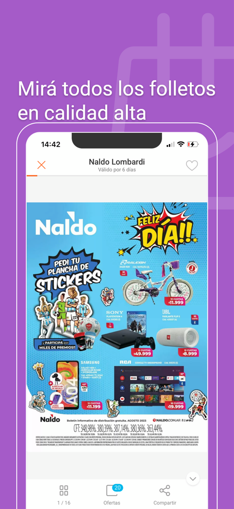 Catálogos y ofertas Argentina - Una interfaz de aplicación móvil que muestra un folleto digital de alta calidad del minorista Naldo Lombardi con electrónica y bicicletas.