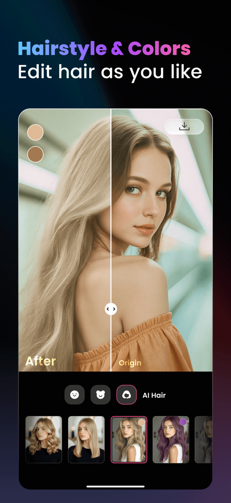 A before and after comparison showing a woman using Pearla AI to change her hair color and hairstyle