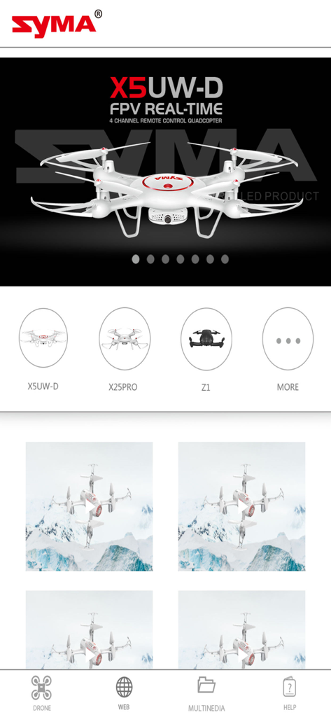 Interface do aplicativo SYMA FLY mostrando a seleção do modelo de drone para X5UW-D e galeria de vídeo multimídia