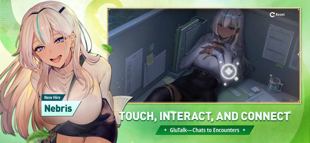 Le personnage Nebris dans un décor de bureau, montrant la fonctionnalité de jeu tactile et interactif dans BrownDust2