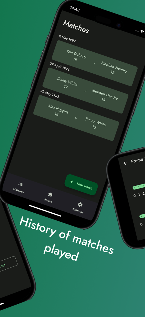 SnookerMate Snooker Scoreboard - Interface of the SnookerMate app showing a list of past snooker matches with player names and scores