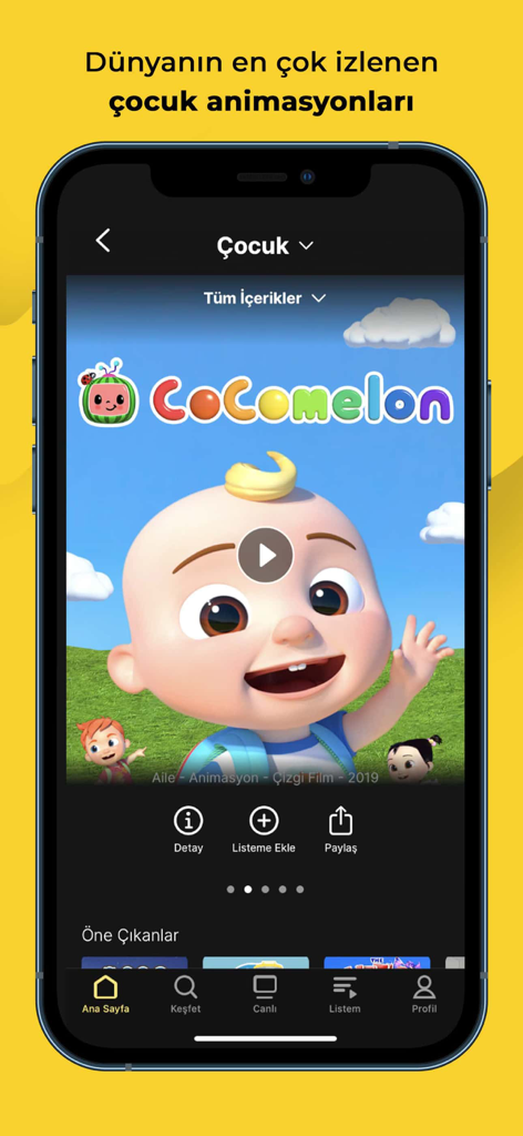 The kids section of the puhutv mobile app featuring popular animations like Cocomelon.