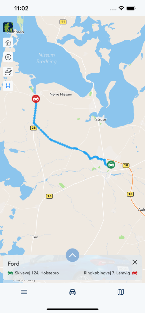GPS tracking map showing a vehicle route and locations in the Keatech Live app