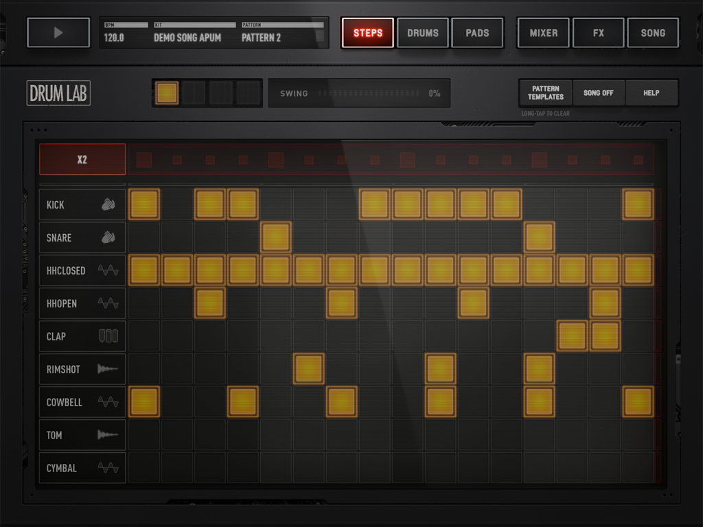 Die Step-Sequenzer-Oberfläche der Musikproduktions-App DrumLab auf dem iPad zeigt ein Grid zur Erstellung von Drum-Patterns.