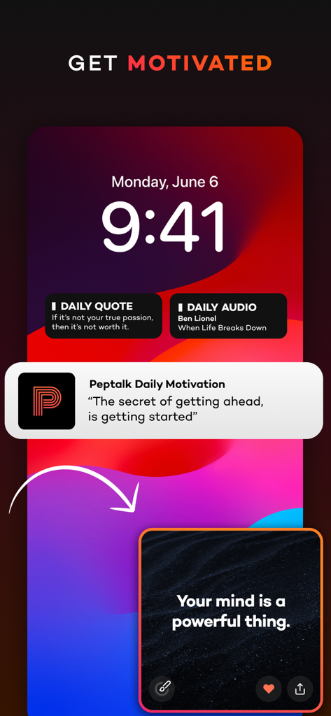 Motivation: daily Peptalk - iPhone lock screen displaying Motivation Peptalk notifications, daily quote widgets, and a motivational audio prompt