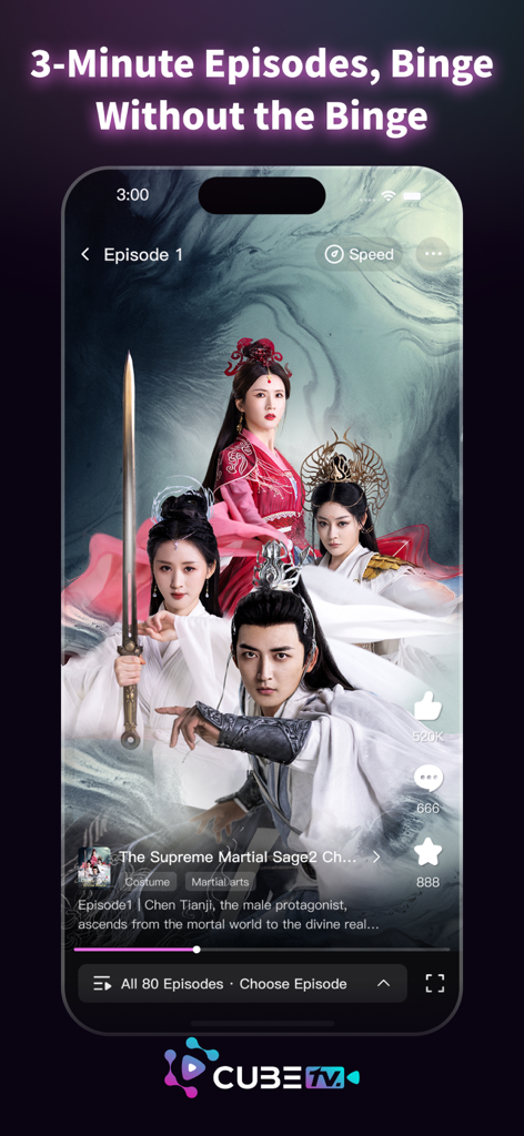 CubeTV app interface showing a martial arts drama episode and video controls