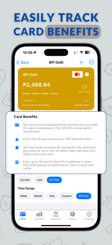 A mobile app interface from KasKas Savvy showing a gold credit card with a list of benefits including reward points and travel insurance