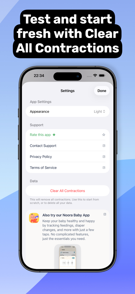 Pantalla de configuración de la aplicación Temporizador de contracciones para el parto que muestra opciones de borrado de datos y configuración de apariencia.