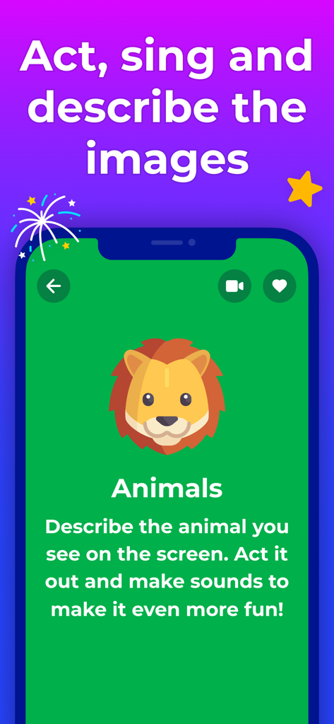 Guess Up Kids 앱의 모바일 화면, 만화 사자 아이콘과 연기 및 설명 지침이 있는 동물 카테고리 표시