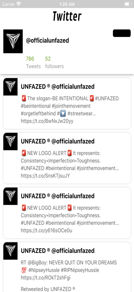 UNFAZED - Screenshot of the official Twitter feed within the UNFAZED lifestyle app showing motivational posts and the brand slogan.