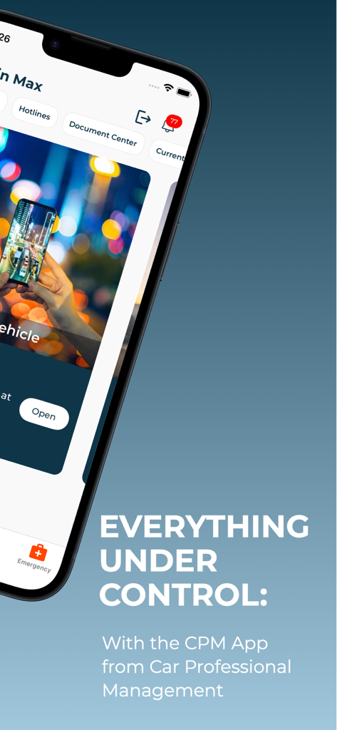 CPM-App - Smartphone-Bildschirm mit der CPM-App-Benutzeroberfläche für Firmenwagen- und Flottenmanagement
