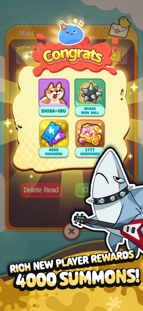 Pew Pew Slime - Idle RPG - Una pantalla de recompensas en Pew Pew Slime Idle RPG que muestra un Shiba Inu, gemas y 4000 vales con un personaje de tiburón rockero.