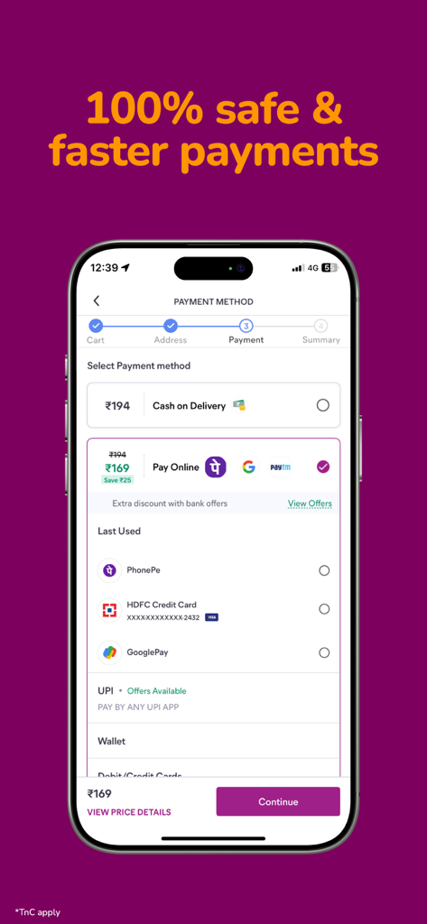 Meesho app payment method screen showing options like Cash on Delivery UPI and secure online payments
