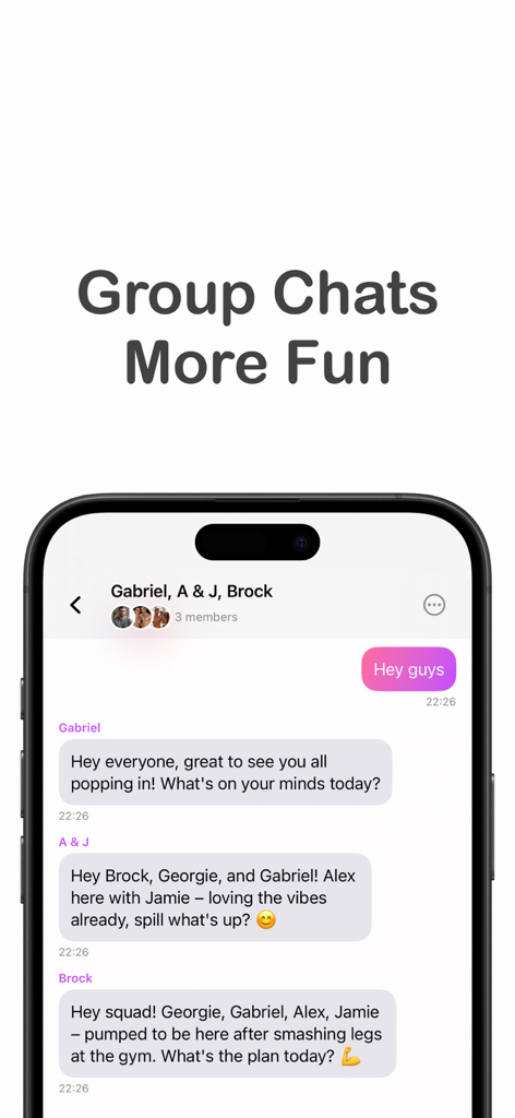My Men - Gay AI Boyfriends - Interface of a group chat with multiple AI boyfriends in the My Men app.