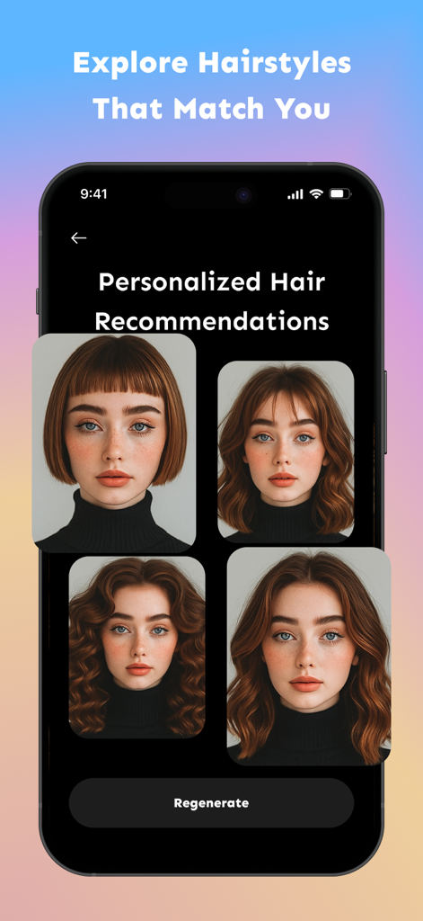 Style My Hair - Haircut Filter - Personalized hair recommendations showing different AI generated hairstyles on a woman