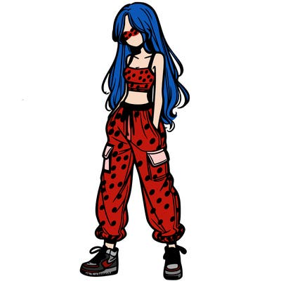 girl in baggy pants crop top and long hair