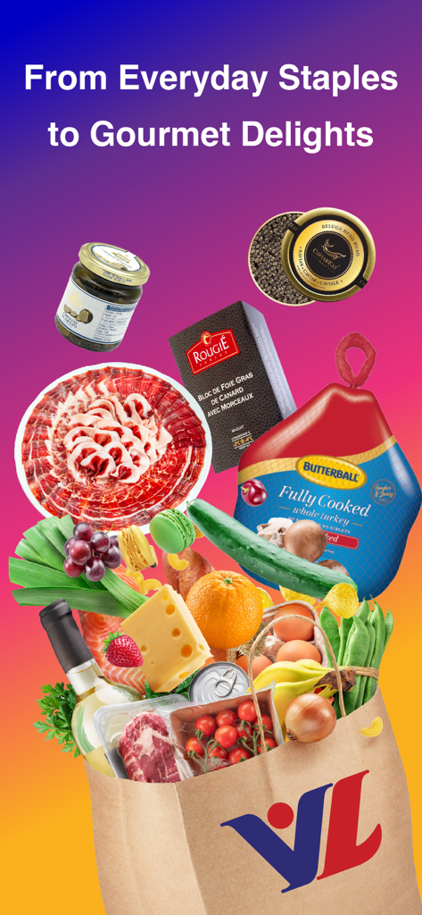 Villa Market - Eine Villa Market-Lebensmittelverpackung, gefüllt mit frischem Obst und Gemüse sowie erstklassigen importierten Gourmet-Lebensmitteln