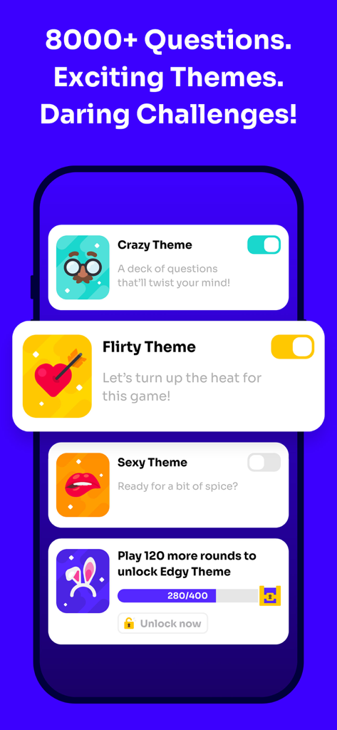 Boomit - Most Likely To - Écran d'une application mobile montrant divers thèmes de jeu pour le jeu de société Boomit, y compris les modes Crazy et Flirty.