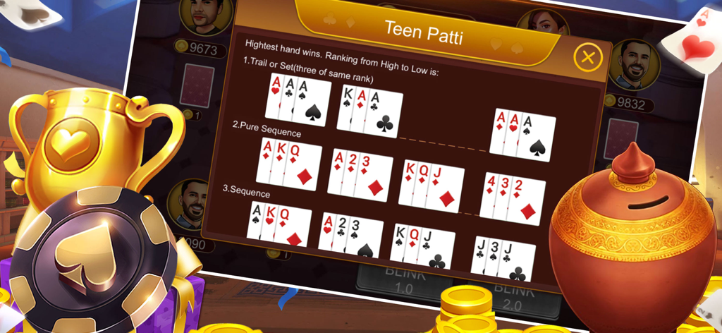 Guia de regras de classificação de mãos do Teen Patti Diamond mostrando cartas de sequência pura, sequência e trio