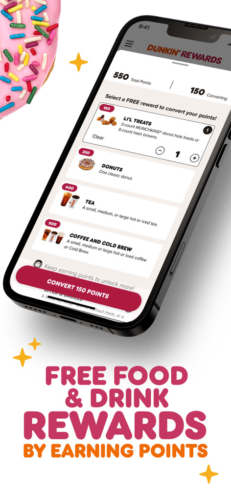 Teléfono inteligente que muestra la interfaz de Dunkin Rewards con opciones de conversión de puntos para comida y bebidas gratis