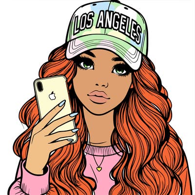 realistic beautiful girl wearing los ángeles cap holding an iphone
