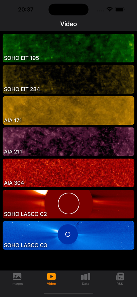 Solar Activity - Solar activity app screen showing various solar video feeds from SOHO and SDO satellites