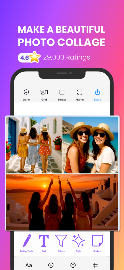 Photo Collage Maker app showing a beautiful collage of travel photos with summer aesthetics and editing options