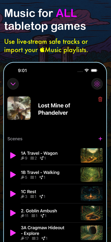 Summoning Stone app interface showing music scenes for a tabletop RPG campaign including goblin ambush and travel.