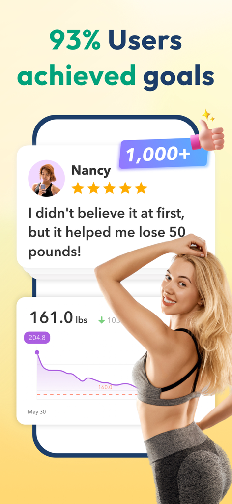 Litely app screenshot showing a ninety-three percent user success rate and weight loss testimonial with a progress graph.