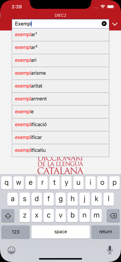 DIEC2 - Interface of the DIEC2 Catalan dictionary app showing search suggestions for a word