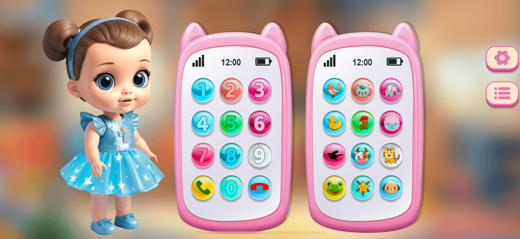 My Toy Set Mobile Game - A digital toy phone interface with colorful numbers and animal icons next to a cute doll character in a blue dress.