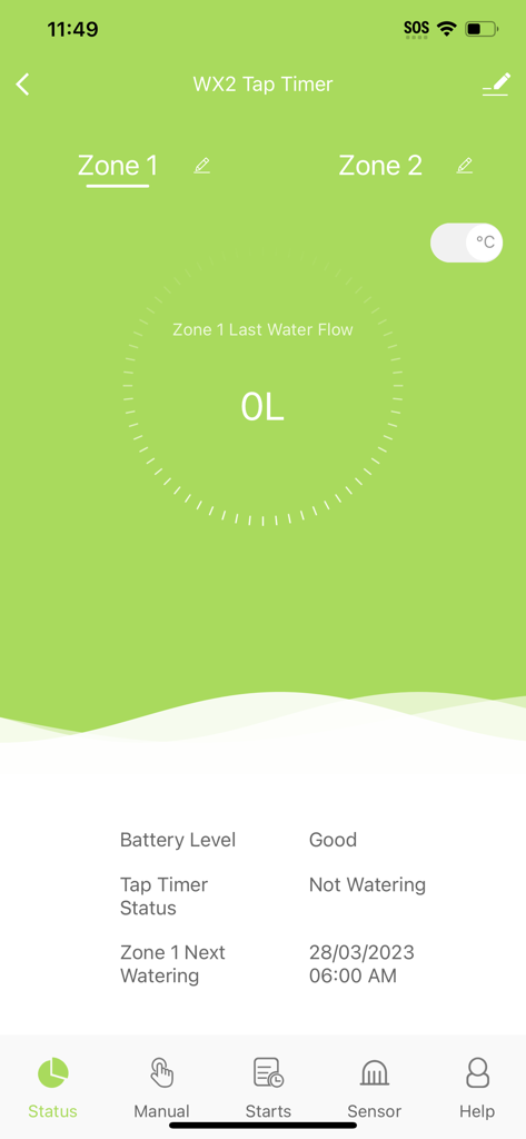 Holman Home - Schermata di stato del timer per rubinetto WX2 di Holman Home che mostra i dettagli della zona di irrigazione e il livello della batteria