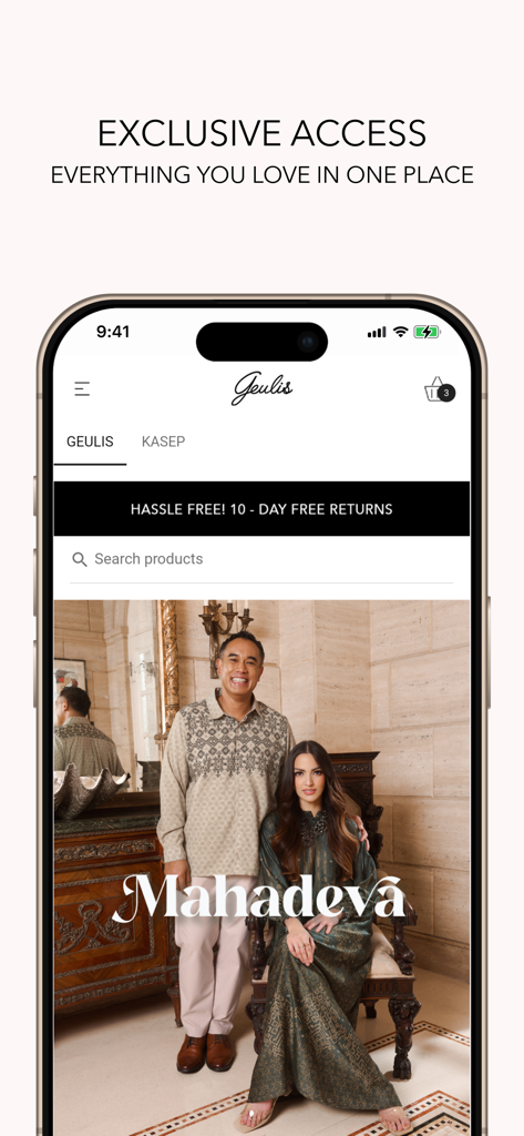 The home screen of the Geulis mobile app showing the Mahadeva fashion collection and an exclusive access promotion.