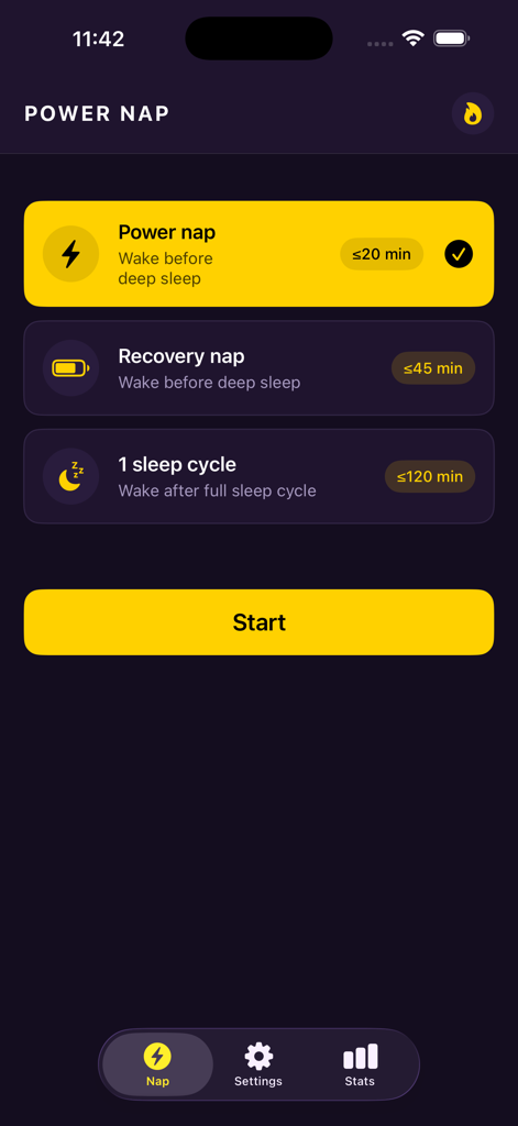 Power Nap - IMPOSSIBLE ® - Power Napアプリのインターフェース。パワーナップ、リカバリーナップ、スリープサイクルの3つの異なる仮眠モードと開始ボタンが表示されています。