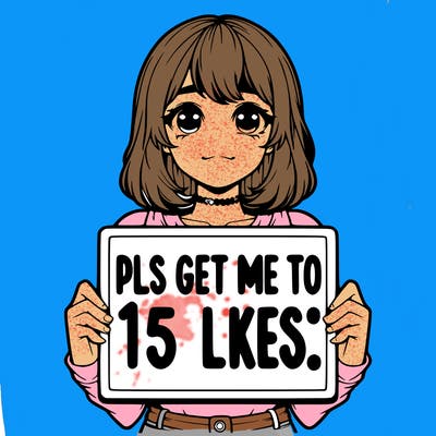 realistic girl holding up a sign that says “pls get me to 15 likes!”