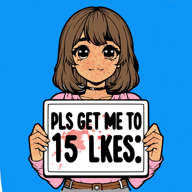 realistic girl holding up a sign that says “pls get me to 15 likes!”