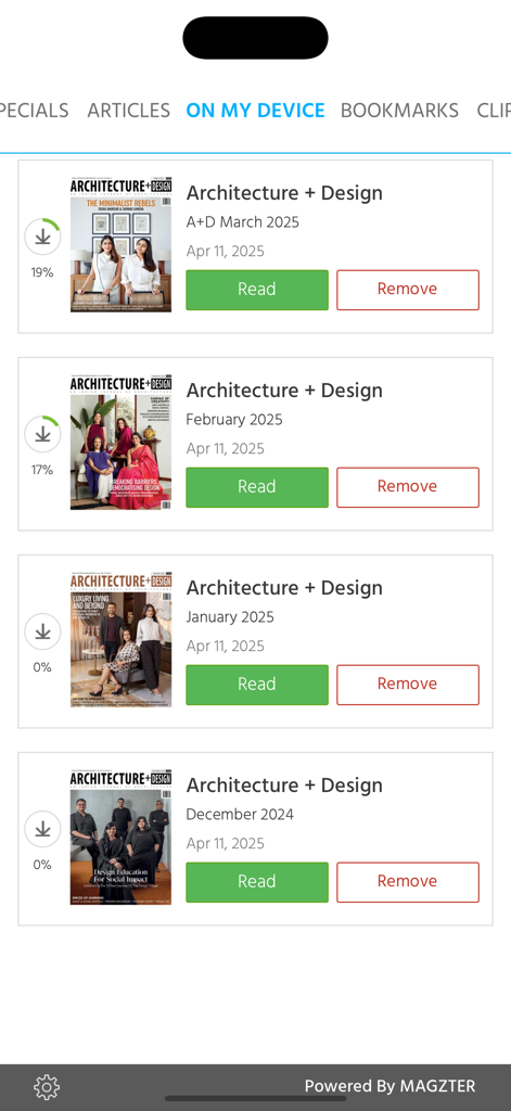 Architecture + Design Mag - L'onglet « Sur mon appareil » affiche une collection de numéros téléchargés du magazine Architecture and Design.
